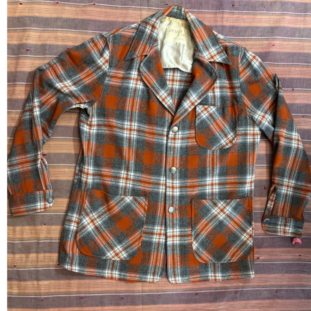 Vintage Airman The Tailored Look Plaid Chore Coat Orange Grey Mens Medium